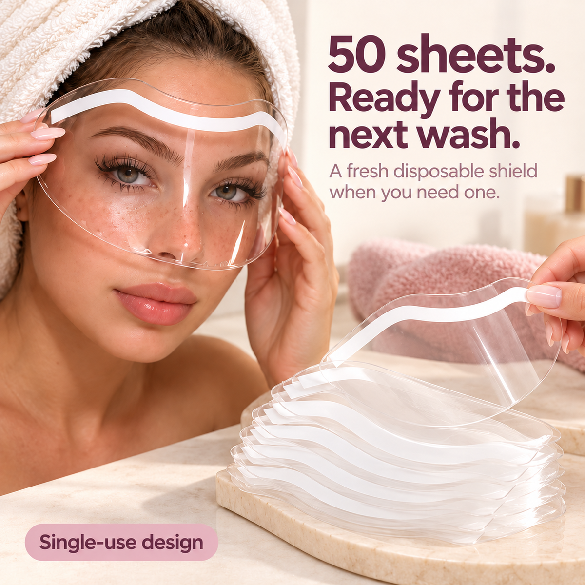 50-Pack Disposable Face Shields – Clear Adhesive Splash Guards for Hair Washing & Lash Care ✨