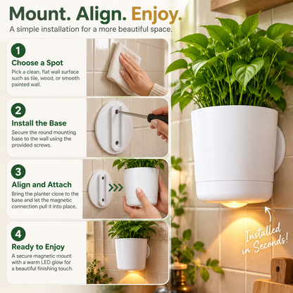 🌿 Wall-Mounted Magnetic Planter with Warm LED Light – Space-Saving Indoor Herb Pot & Modern Home Decor