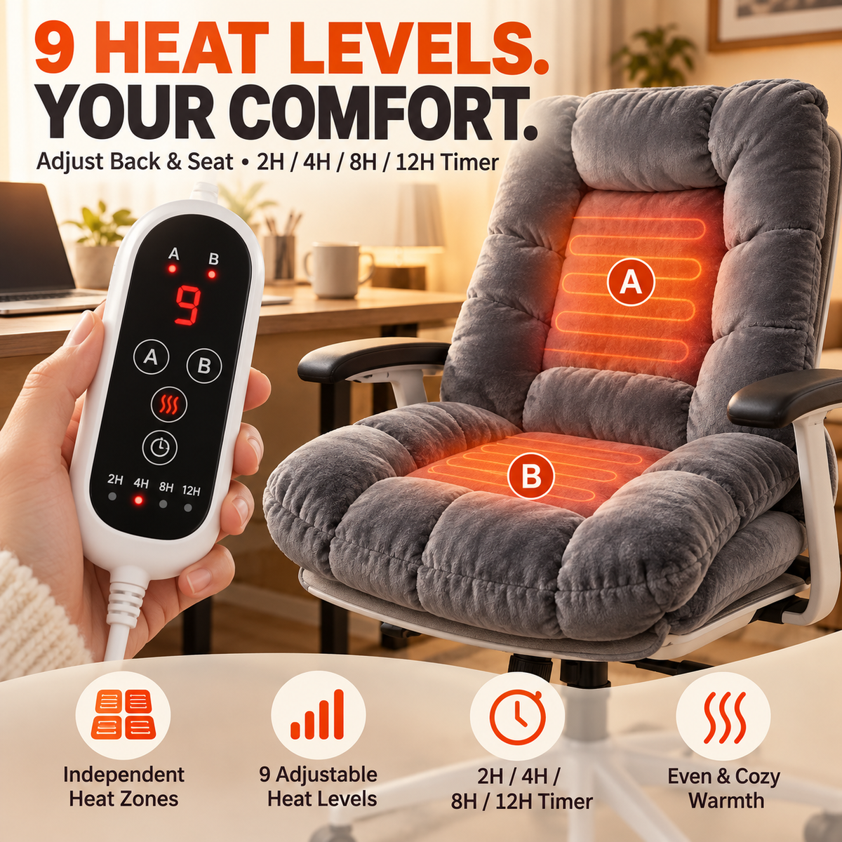 🔥 Heated Chair Cushion – Dual-Zone Plush Seat & Back Warmer with 9 Heat Levels