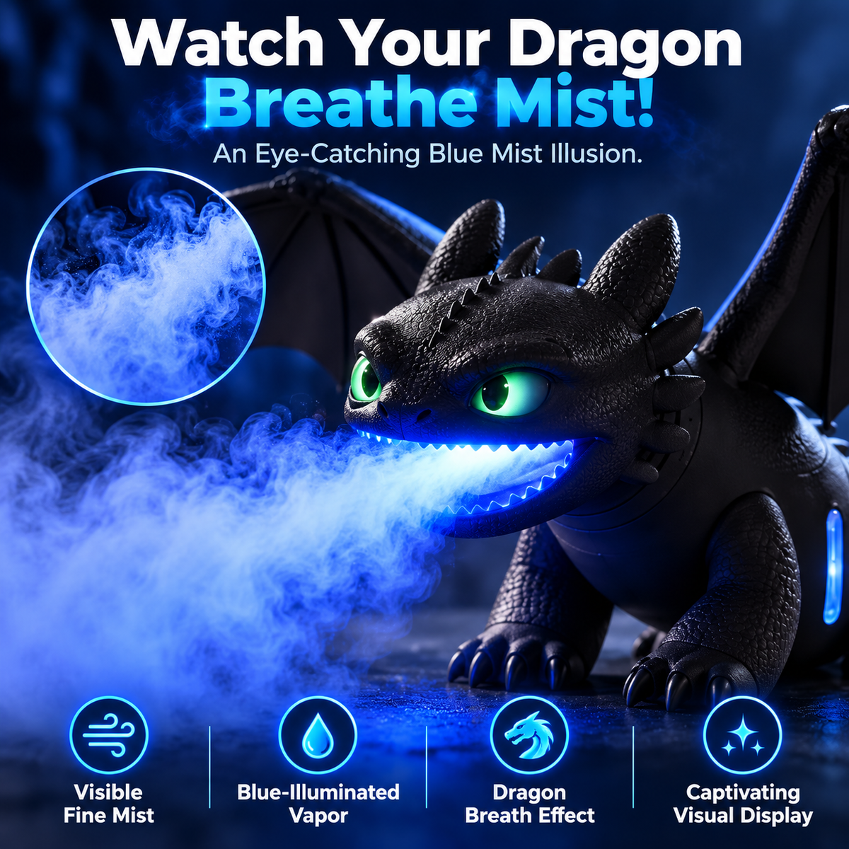 🐉 Black Dragon Mist Humidifier – Magical Blue Dragon Breath, Glowing Green Eyes & Fantasy Desk Decor ✨