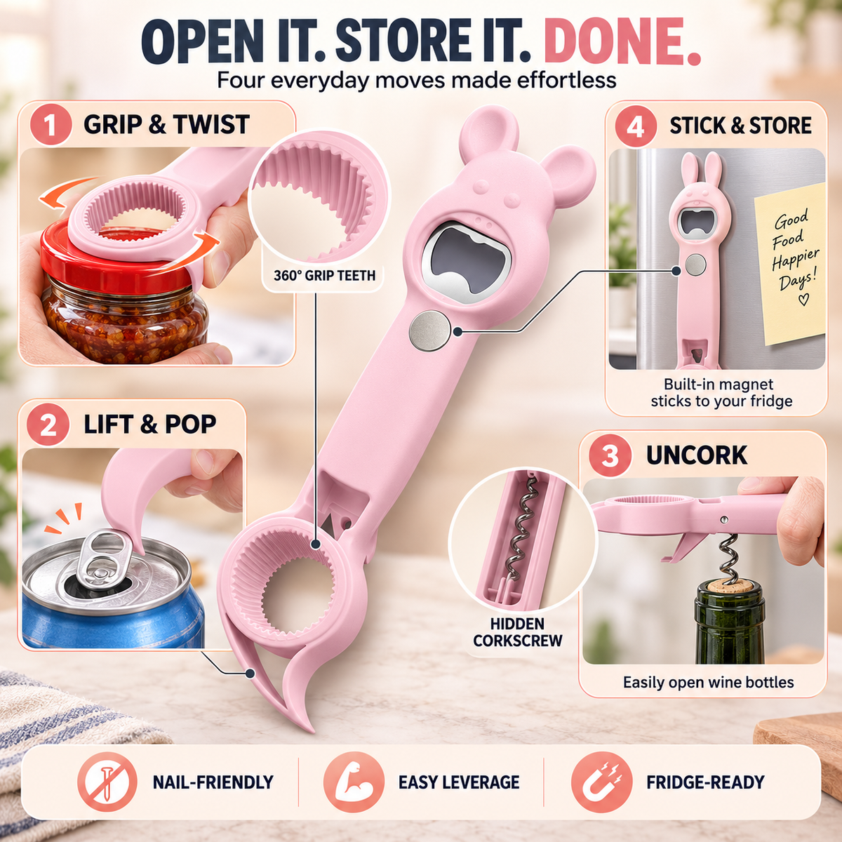6-in-1 Magnetic Opener – Jar, Bottle, Can & Wine Opening Tool