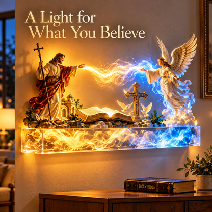 ✝️✨ Divine Light of Faith™ – 3D Lighted Jesus & Angel Cross Wall Art