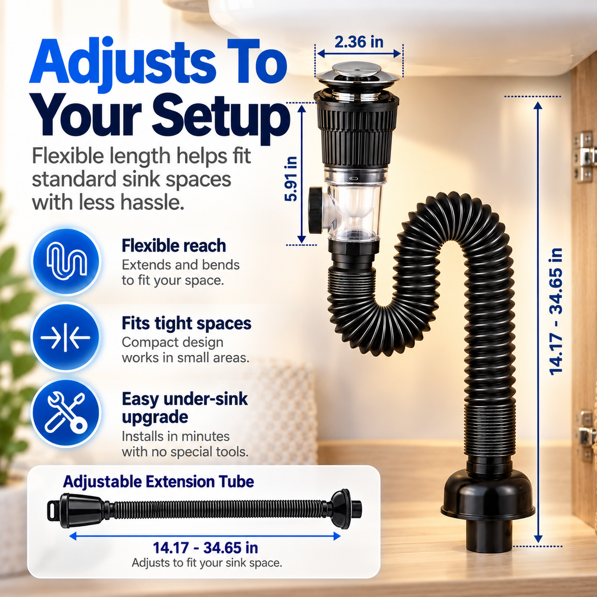 Flexible Sink Drain Kit – Adjustable Bendable Pipe with Anti-Odor Drain System