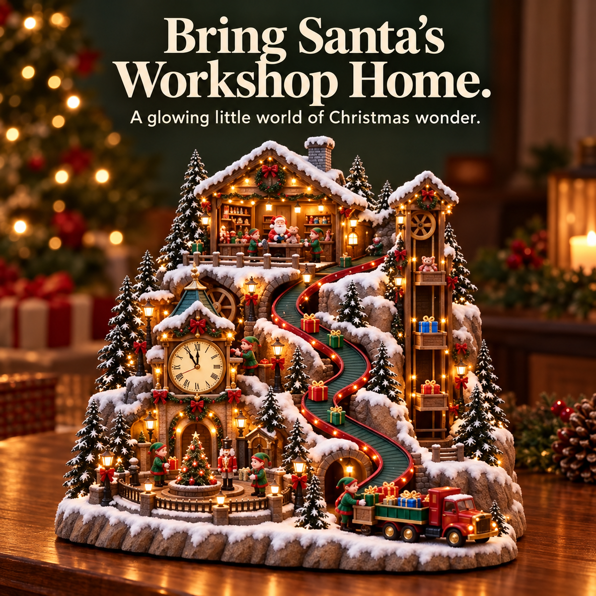 🎄✨ Lighted Christmas Village with Mini Train, Snowy Clock Tower & Festive LED Lights 🚂❄️