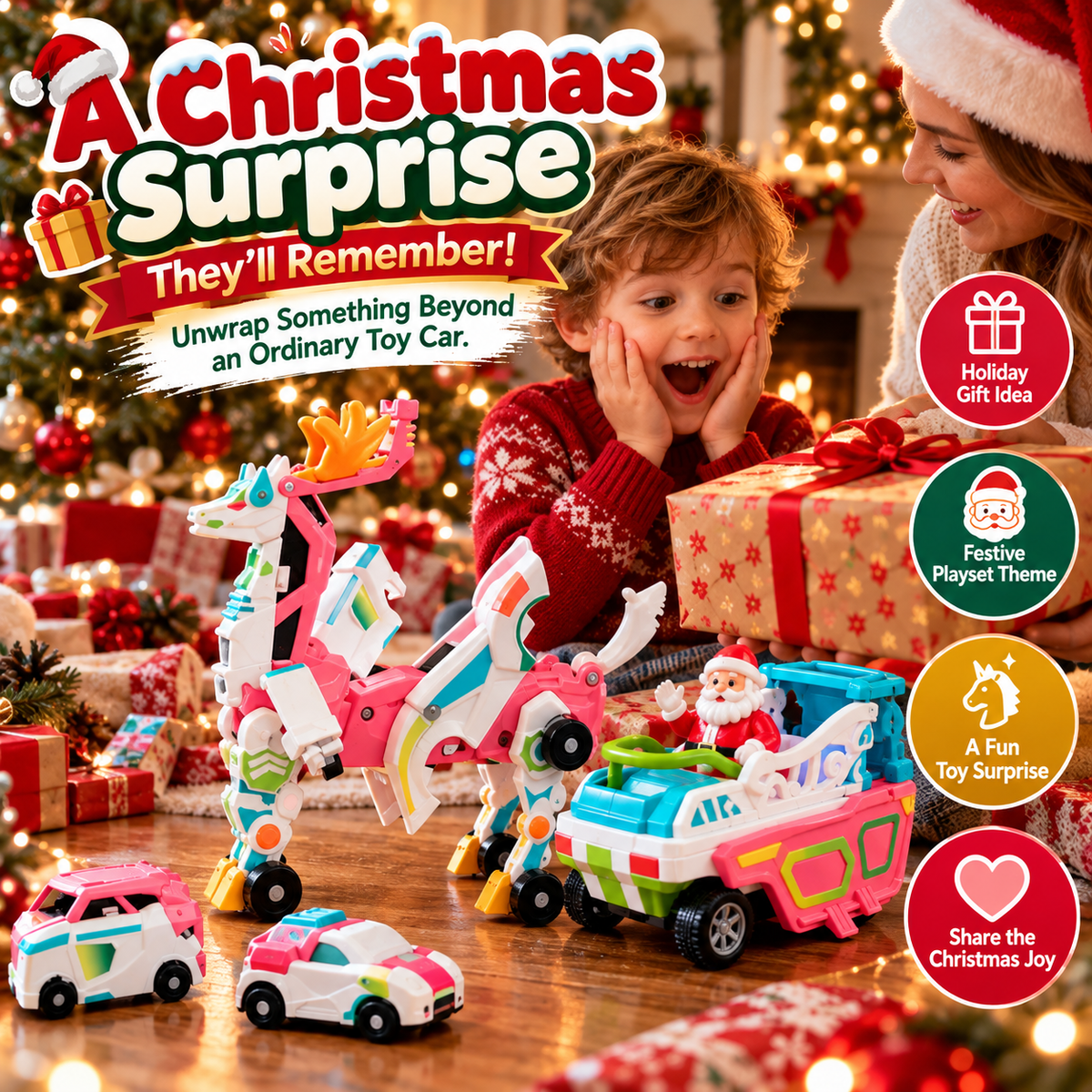 🎁2-in-1 Transforming Christmas Unicorn & Santa Sleigh – Magical Vehicle Transformation Toy & Holiday Gift ！！！