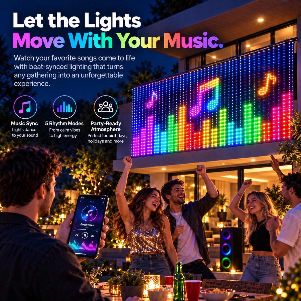 LED curtain light in music sync party mode