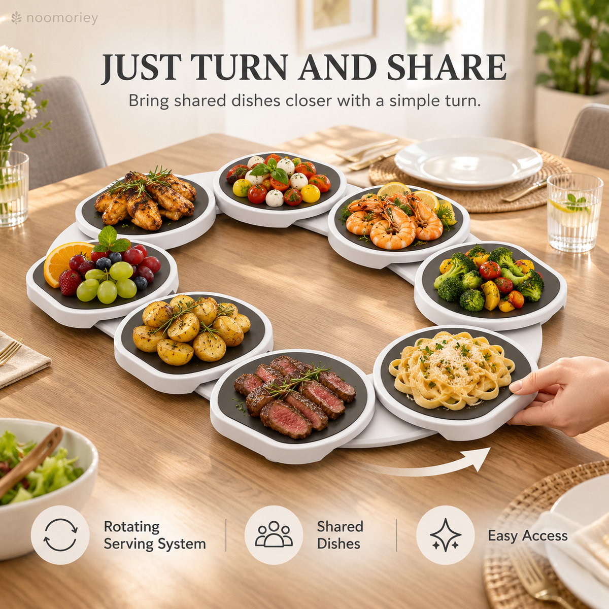 Expandable Lazy Susan rotating shared dishes around dining table