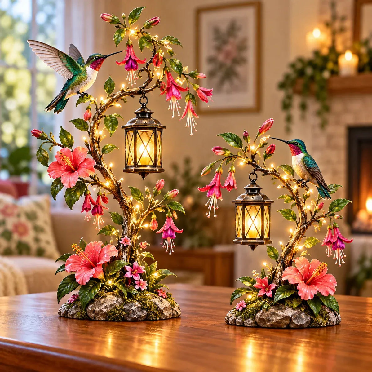 🌸 Hummingbird Garden Lantern – Lighted Floral Tabletop Decor with Warm LED Glow