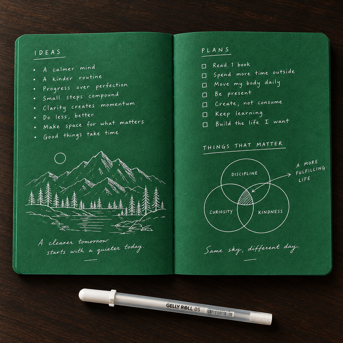 💚 Deep Green Blank Notebook with White Gel Pen | Aesthetic Writing & Sketch Journal
