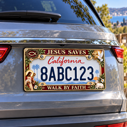🐑🕊️ “Jesus Saves – Walk by Faith” Jesus Commemorative Metal License Plate Frame