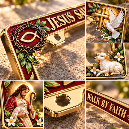 🐑🕊️ “Jesus Saves – Walk by Faith” Jesus Commemorative Metal License Plate Frame