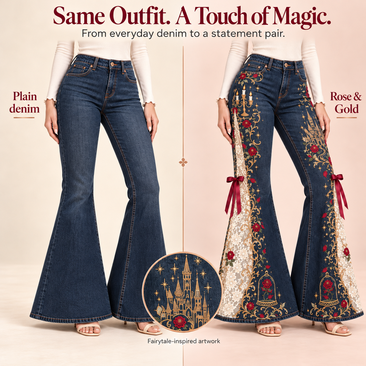 💖Romantic Embroidered Flare Jeans – High-Rise Denim with Lace Panels🌹
