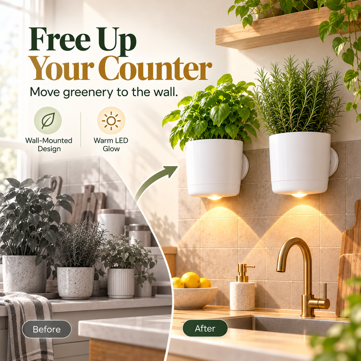🌿 Wall-Mounted Magnetic Planter with Warm LED Light – Space-Saving Indoor Herb Pot & Modern Home Decor