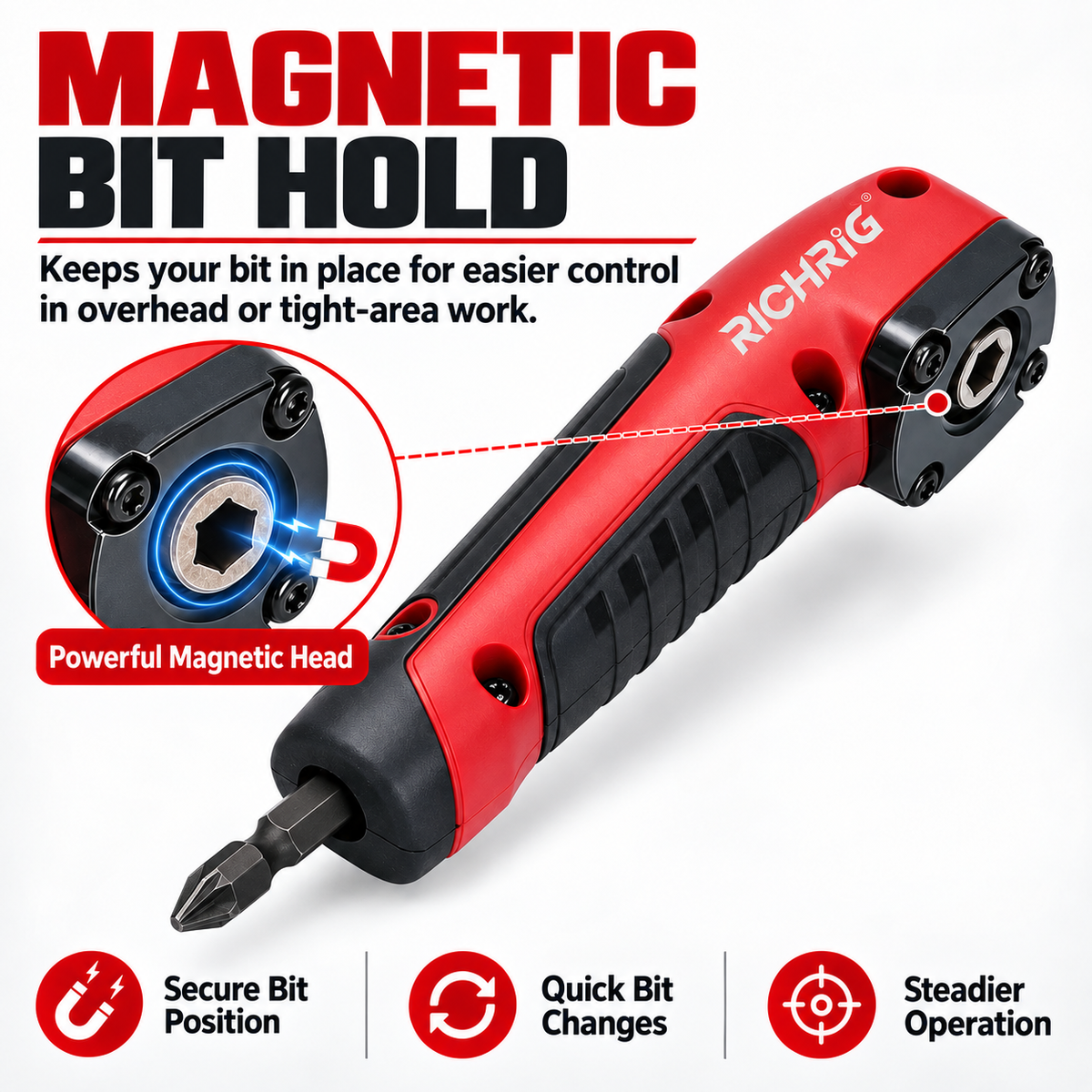 Magnetic bit holder on 90 degree drill adapter