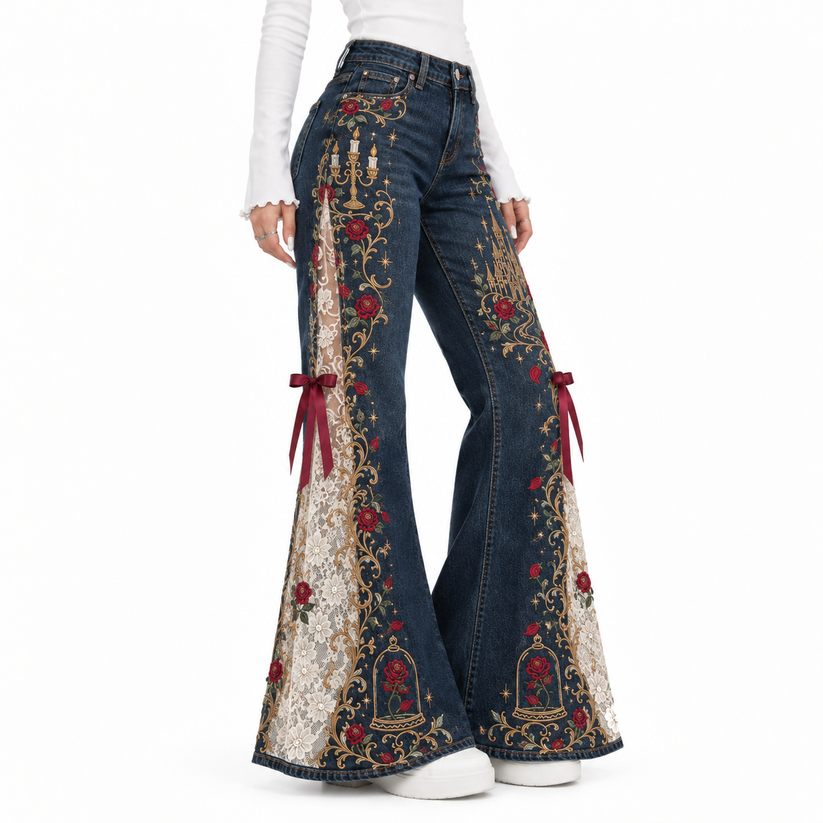 💖Romantic Embroidered Flare Jeans – High-Rise Denim with Lace Panels🌹