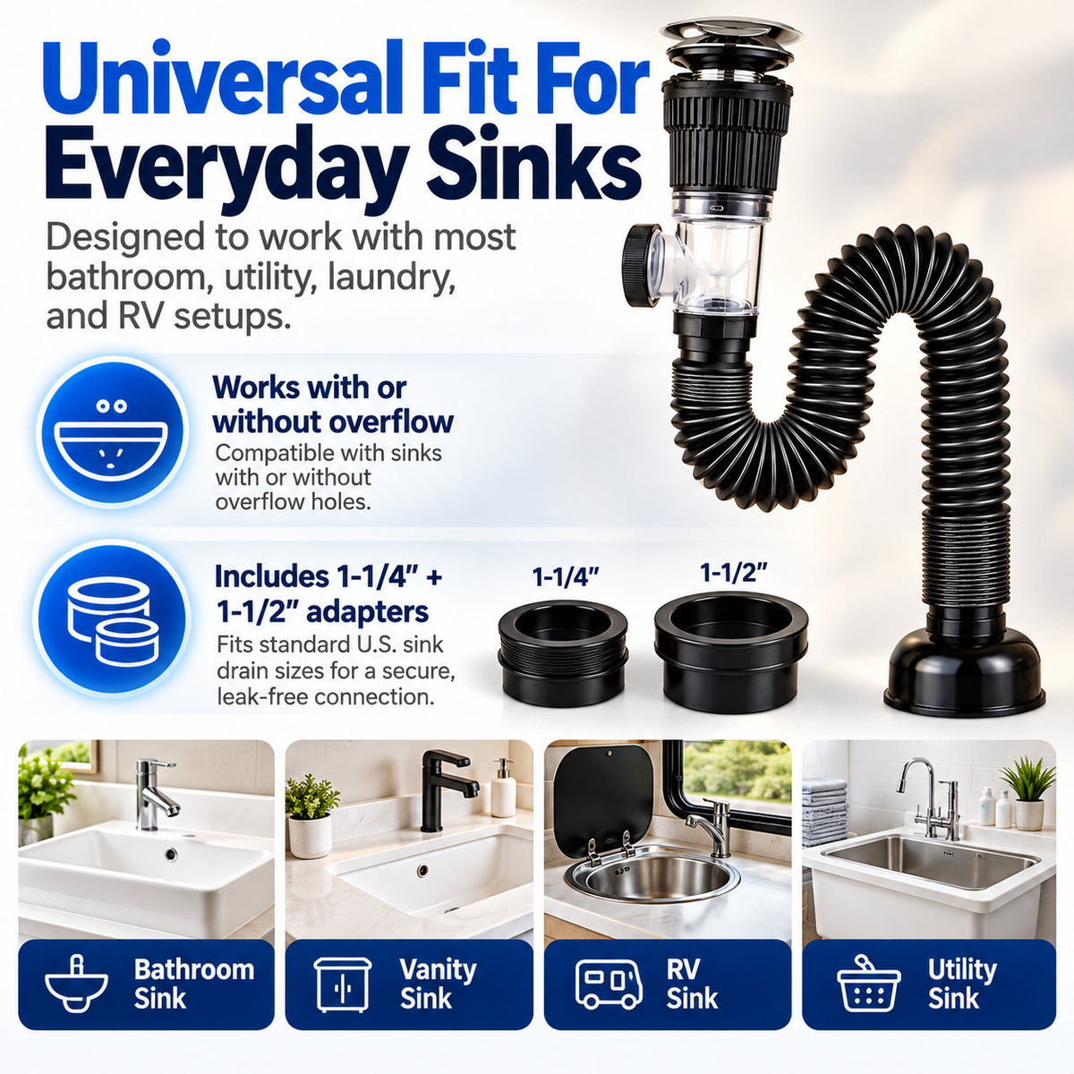 Flexible Sink Drain Kit – Adjustable Bendable Pipe with Anti-Odor Drain System