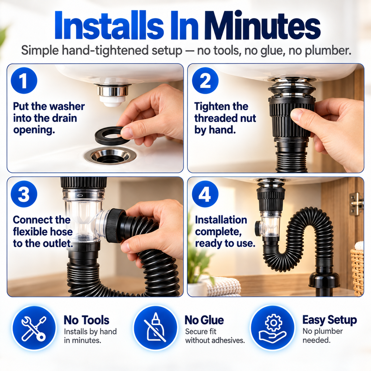 Flexible Sink Drain Kit – Adjustable Bendable Pipe with Anti-Odor Drain System