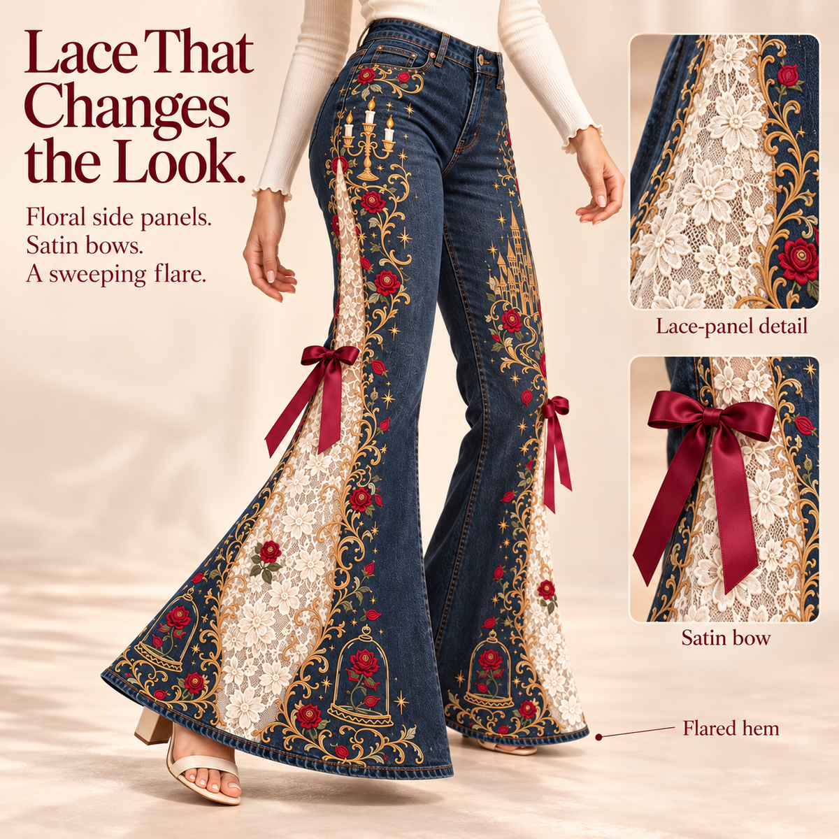 💖Romantic Embroidered Flare Jeans – High-Rise Denim with Lace Panels🌹