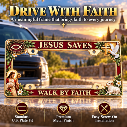 🐑🕊️ “Jesus Saves – Walk by Faith” Jesus Commemorative Metal License Plate Frame