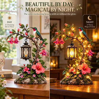 🌸 Hummingbird Garden Lantern – Lighted Floral Tabletop Decor with Warm LED Glow