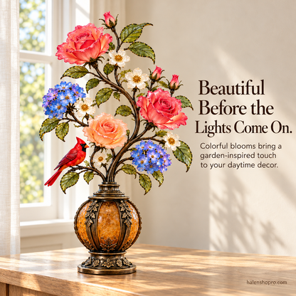 🌸🐦 Cardinal Garden Glow – Vintage Floral Accent Lamp with Warm Amber Light ✨
