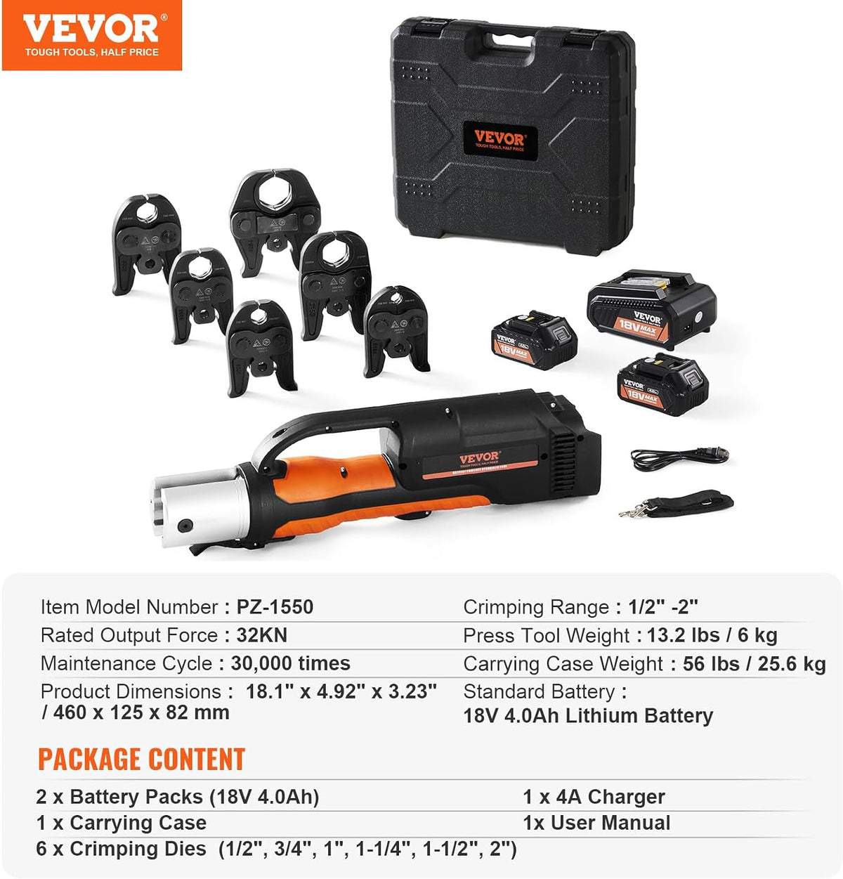 18V Electric Pipe Crimping Tool Press Tool Kit | 1/2' to 2' Copper Pipes, Compatible with ProPress, 6 VUS Press Jaws, 2pcs 4AH Battery & Fast Charger, Carrying Case