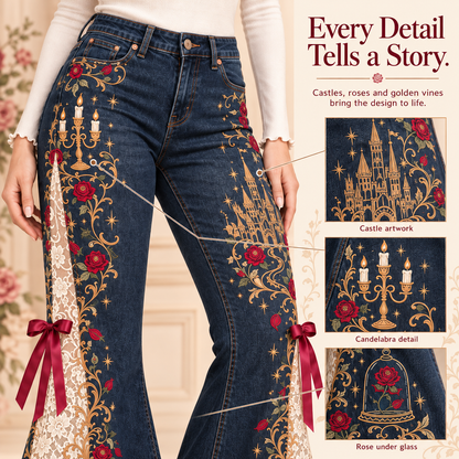 💖Romantic Embroidered Flare Jeans – High-Rise Denim with Lace Panels🌹