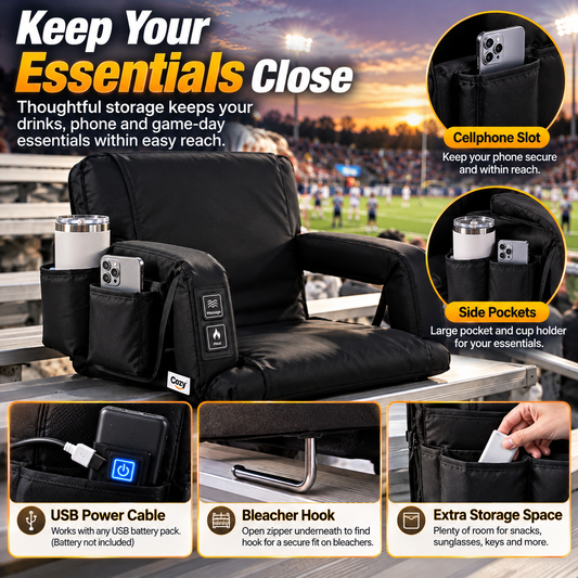 🔥 Heated & Massaging Bleacher Seat – 3 Heat Levels, 6 Reclining Positions