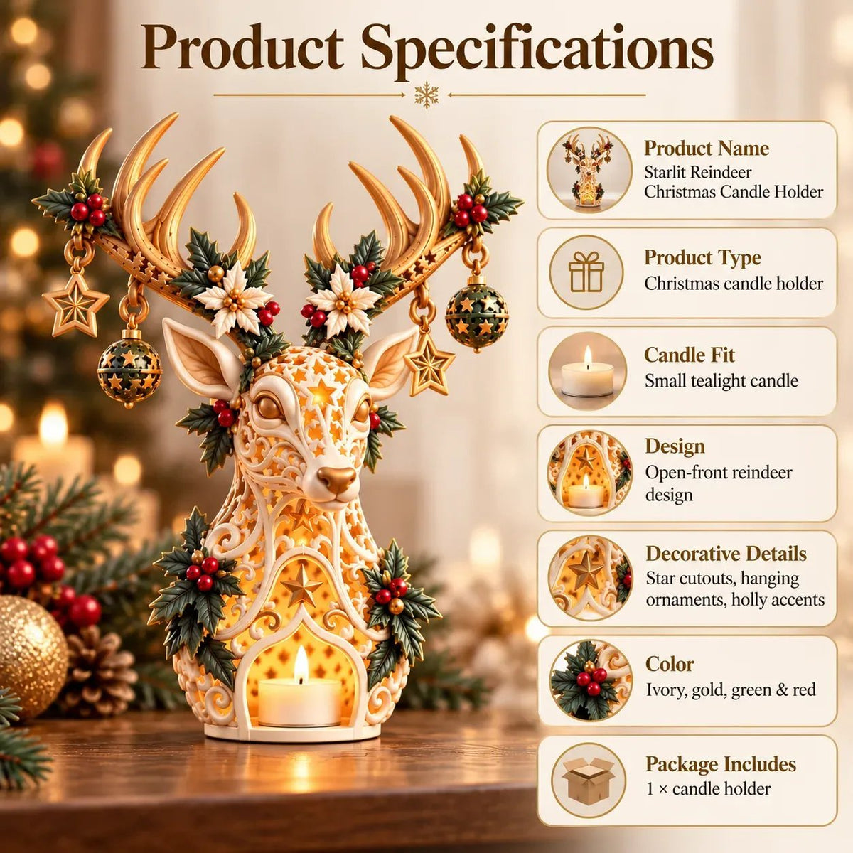 🦌✨ Golden Starlight Reindeer™ – Christmas Candle Holder with Magical Starry Glow 🎄🕯️