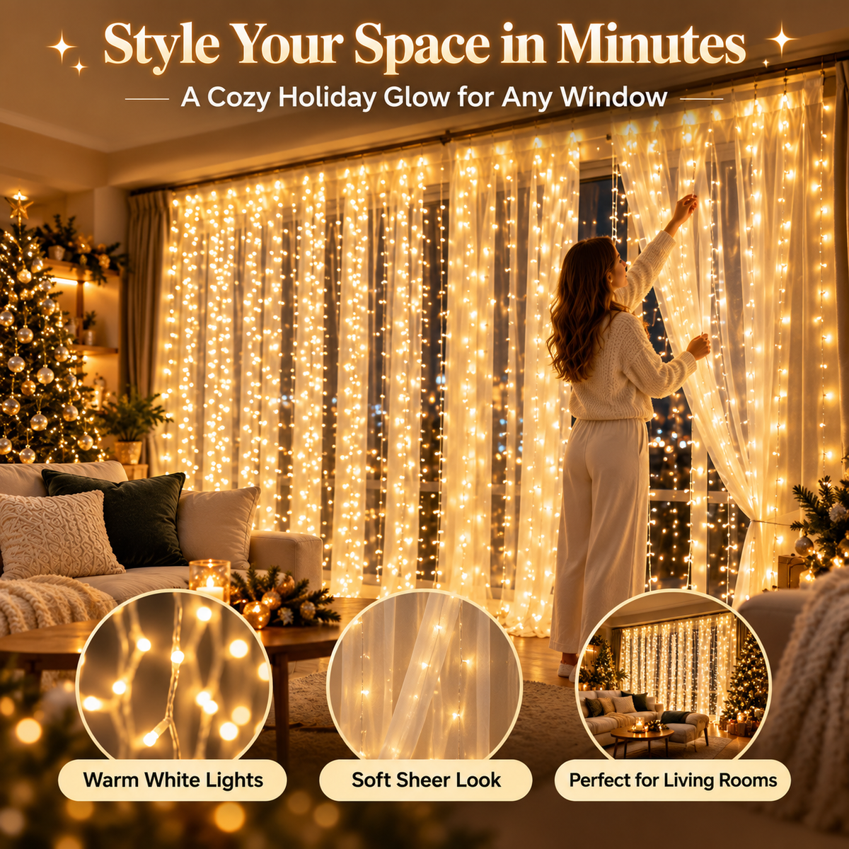 🎄 Christmas Curtain Lights – Warm White LED Window Lights with Remote Control