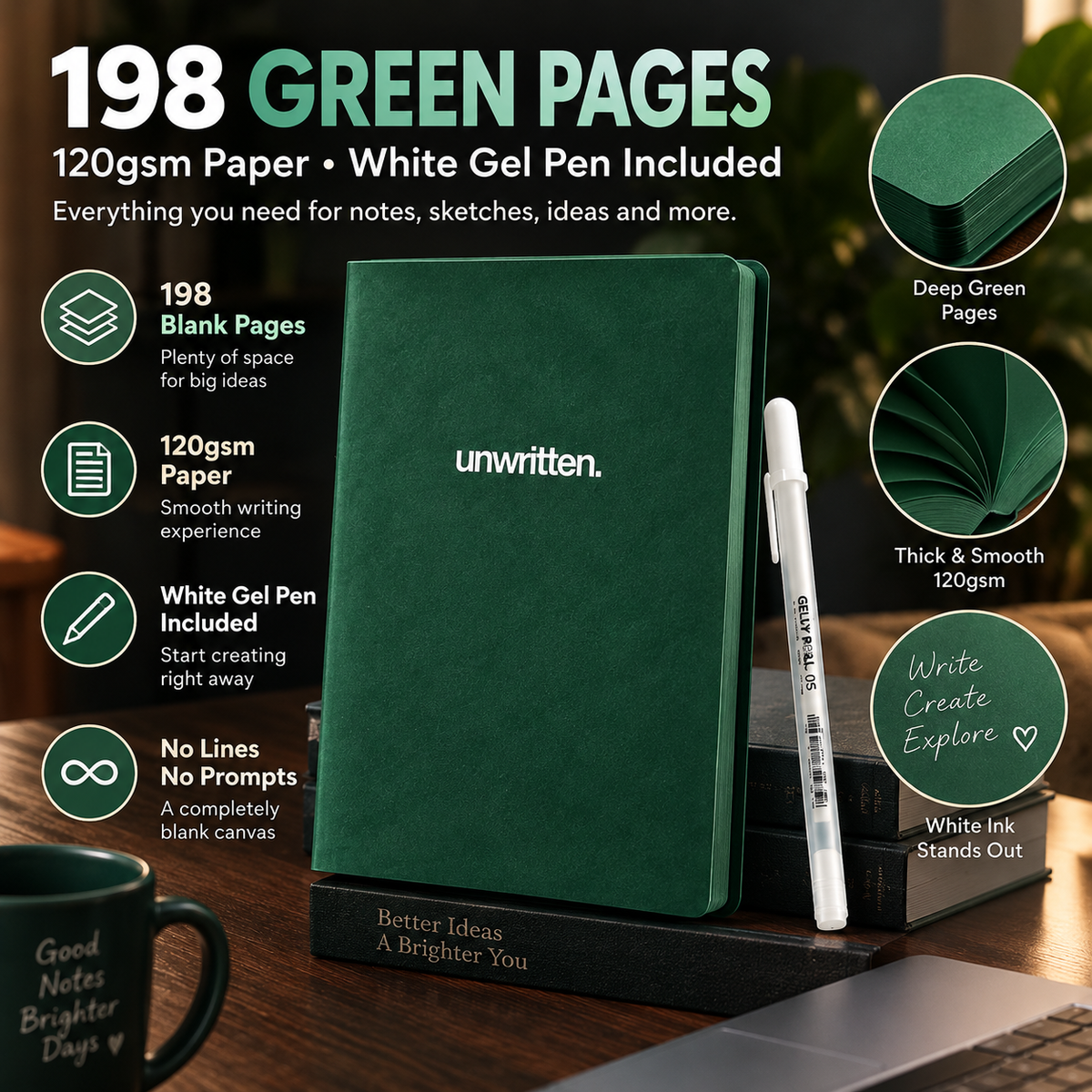 💚 Deep Green Blank Notebook with White Gel Pen | Aesthetic Writing & Sketch Journal