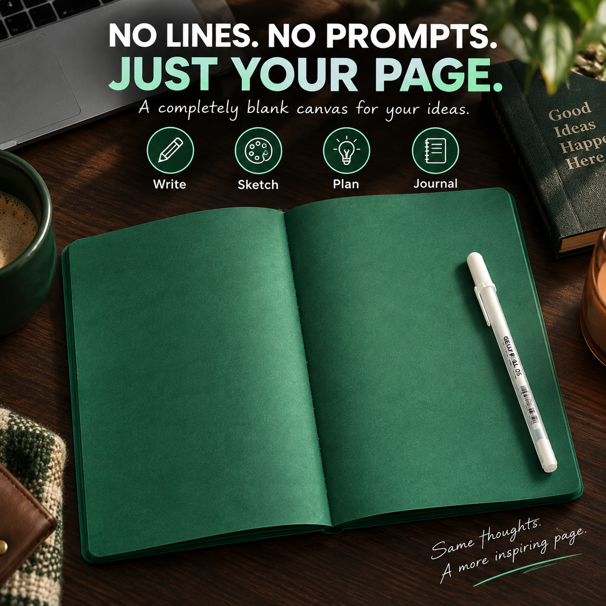 💚 Deep Green Blank Notebook with White Gel Pen | Aesthetic Writing & Sketch Journal
