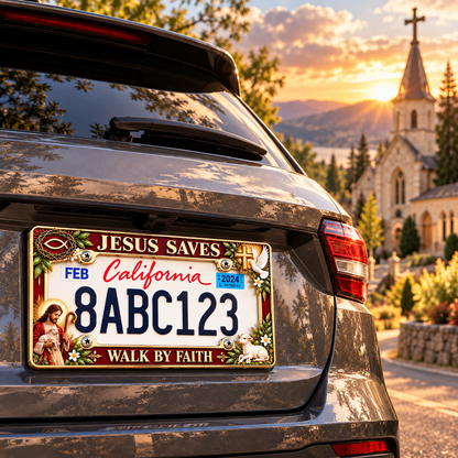 🐑🕊️ “Jesus Saves – Walk by Faith” Jesus Commemorative Metal License Plate Frame