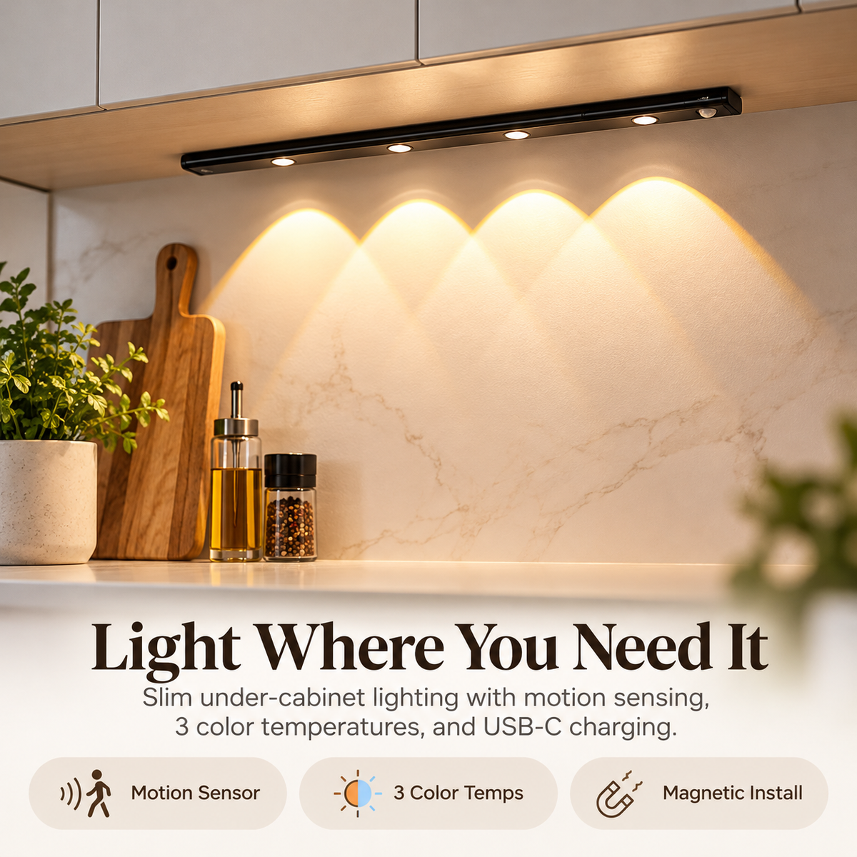 💡✨ Smart LED Motion Sensor Under Cabinet Lights 🚶‍♂️ | 🌈 3 Color Temperatures & 3 Lighting Modes | 🧲 Magnetic Installation 🔋 USB-C Rechargeable | 🏡 Wireless Kitchen, Closet & Home Lighting | 📏 40/50/60cm