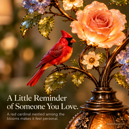 🌸🐦 Cardinal Garden Glow – Vintage Floral Accent Lamp with Warm Amber Light ✨