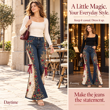 💖Romantic Embroidered Flare Jeans – High-Rise Denim with Lace Panels🌹