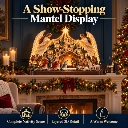 🎄✨ Angels Over Bethlehem™ – Lighted 3D Nativity Mantel Centerpiece with Angel Wings & Star
