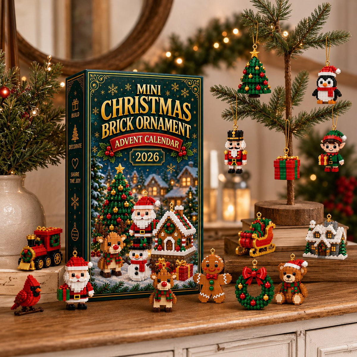 Miniature Christmas ornaments displayed on small tree and tabletop