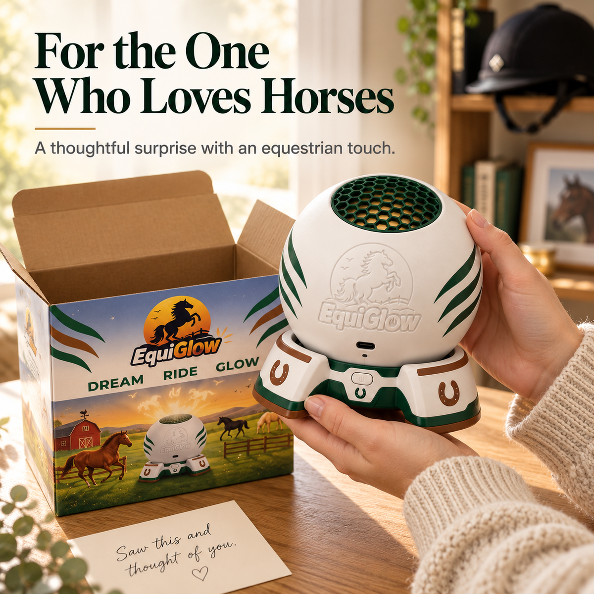 Horse scene projector being given as gift beside equestrian themed packaging