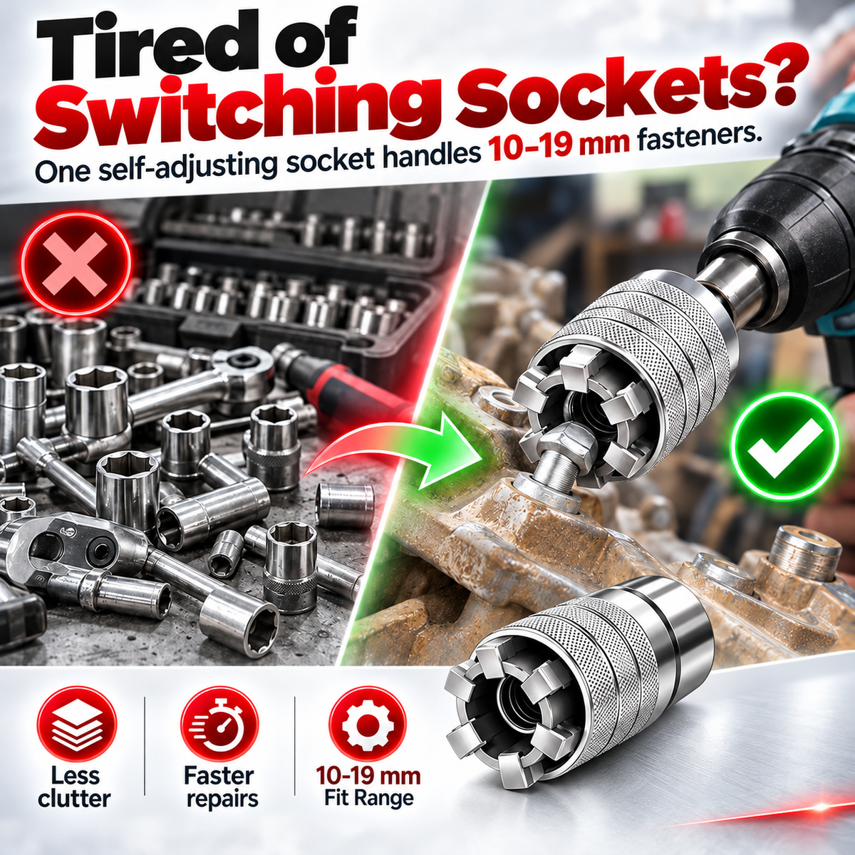 🔧2-Pack Self-Adjusting Universal Socket Set – 10–19mm Grip with 3/8" Drive Adapters