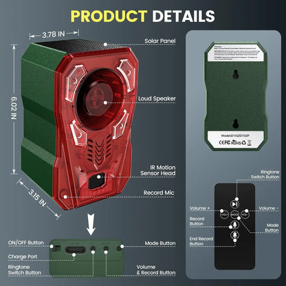 🚨Outdoor Solar-Powered Animal Repeller - 2000mAh USB Rechargeable, Motion Sensor Lights