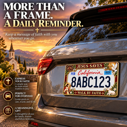 🐑🕊️ “Jesus Saves – Walk by Faith” Jesus Commemorative Metal License Plate Frame