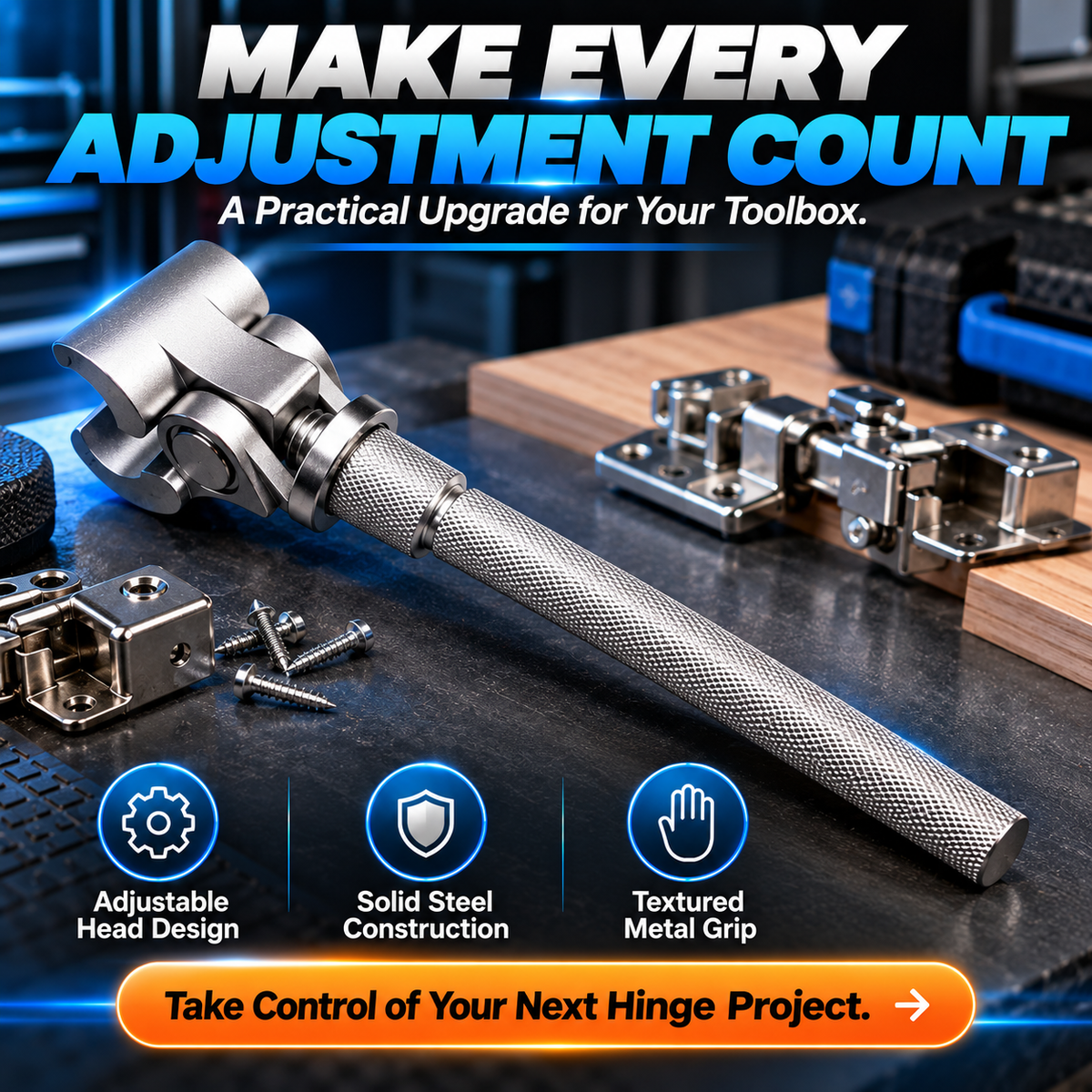 🔧 Adjustable Steel Hinge Wrench – Precision Door Hinge Adjustment Tool with Articulated Head & Anti-Slip Grip