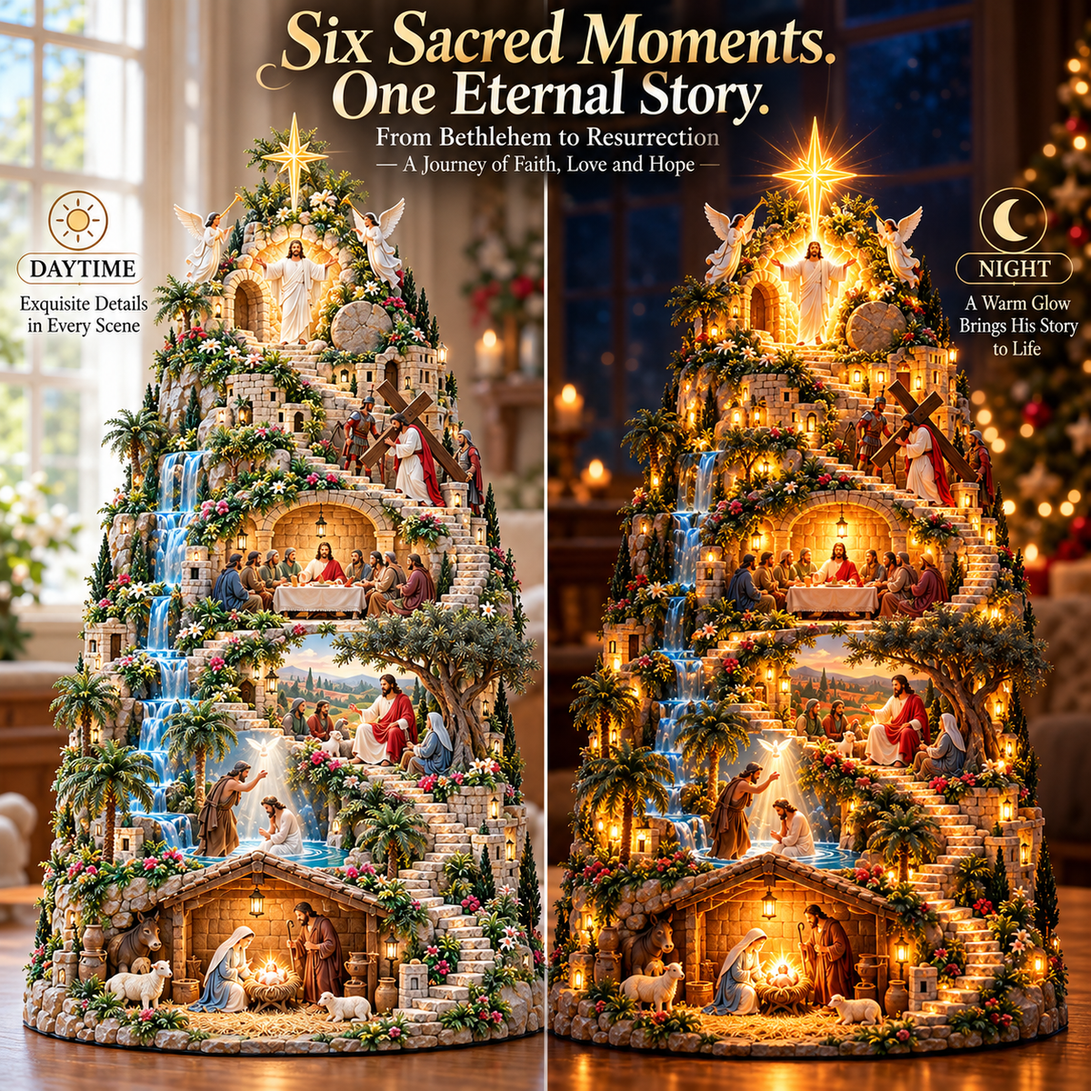 ✝️ The Journey of Faith™ – Lighted 3D Jesus Life Story Mountain with 6 Sacred Biblical Scenes