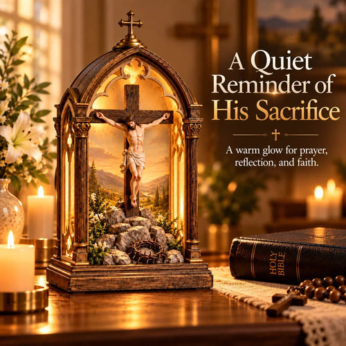 ✝️ Illuminated Calvary Devotional Shrine | Warm Christian Prayer Décor