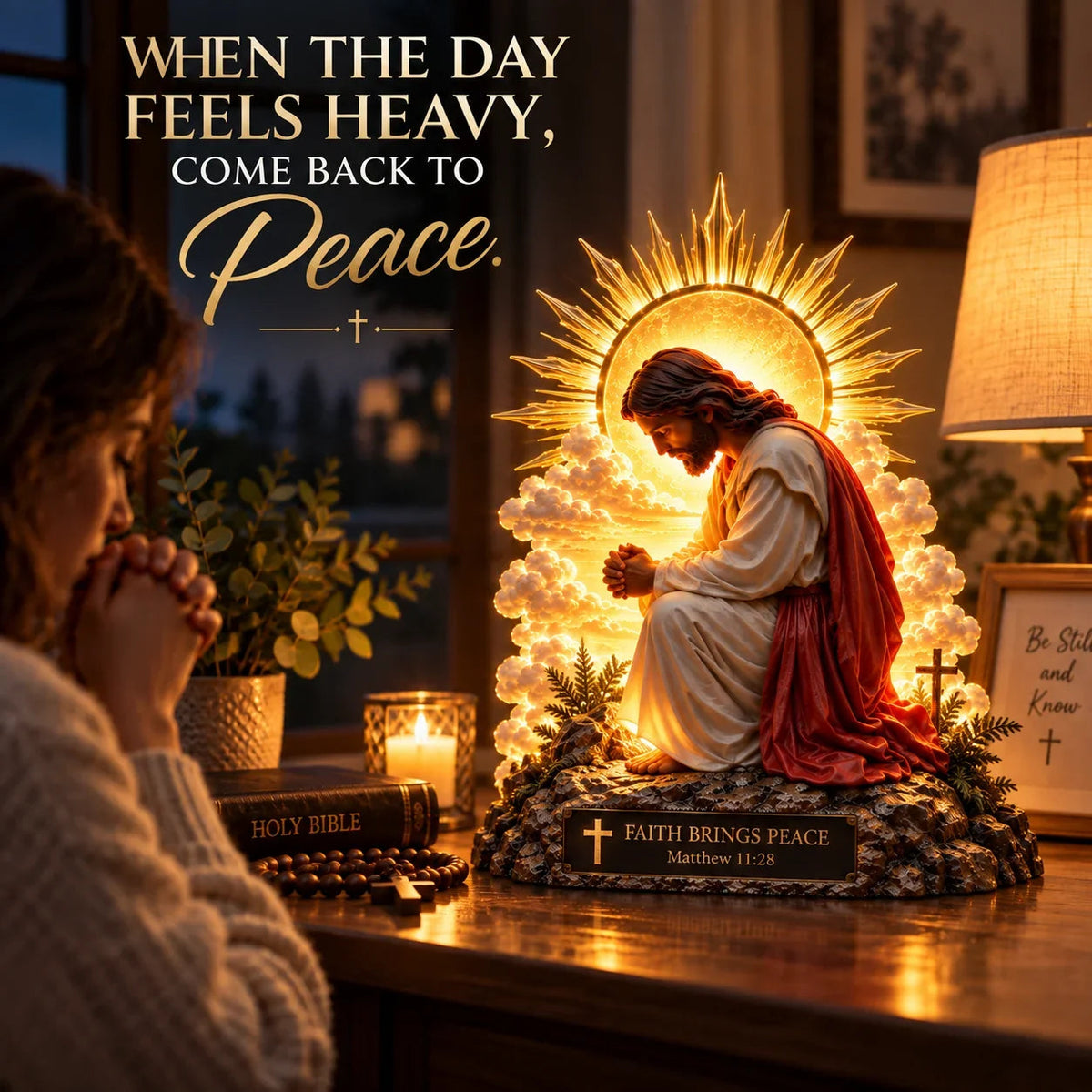 ✨🙏 Faith Brings Peace™ — Illuminated Praying Jesus Figurine
