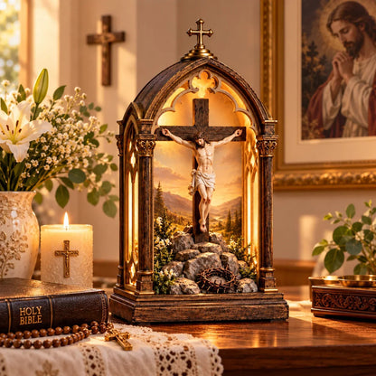 ✝️ Illuminated Calvary Devotional Shrine | Warm Christian Prayer Décor