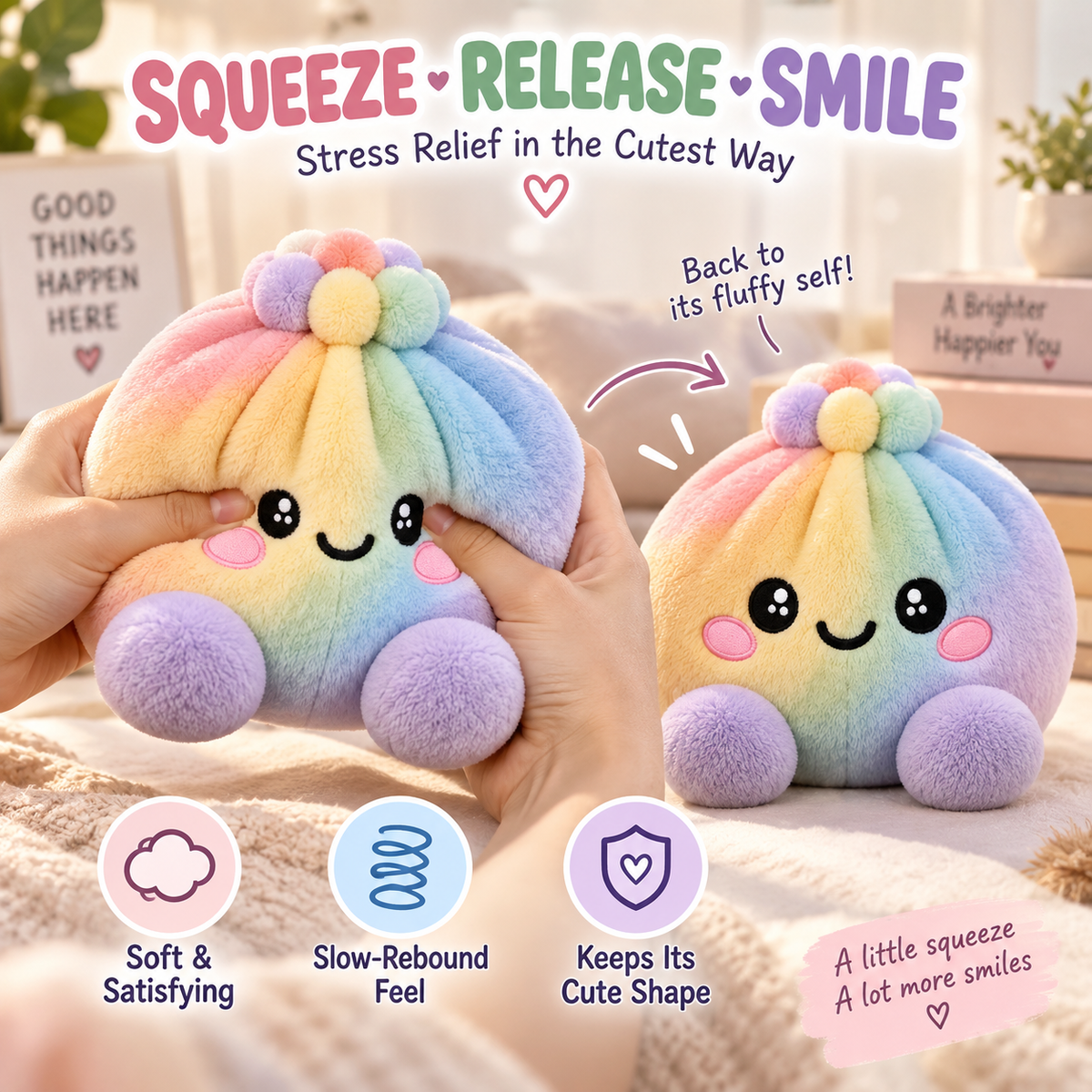 🌈Cute Plush Stuffed Dumpling Squishies, Big Rainbow Squishes with Steamer🎁