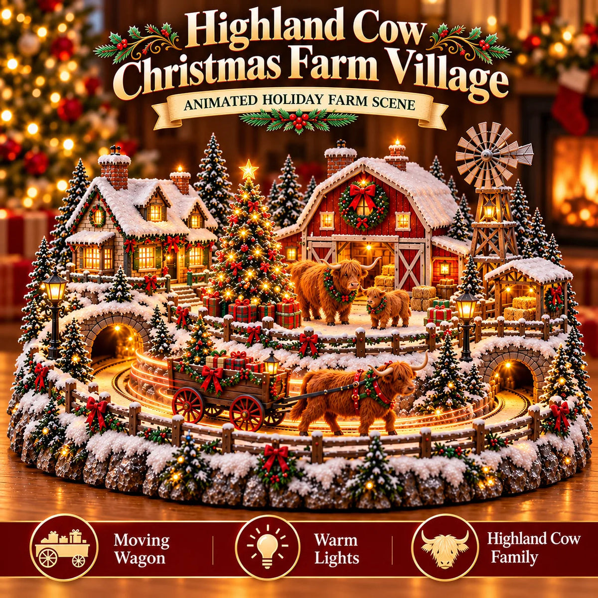 🐮 Highland Cow Christmas Farm Village – Animated Holiday Scene