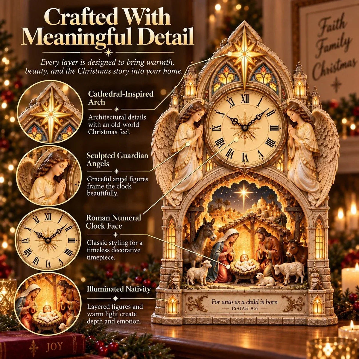 Cathedral-style Bethlehem Nativity Clock – The Christmas Story Bathed In Warm Light.